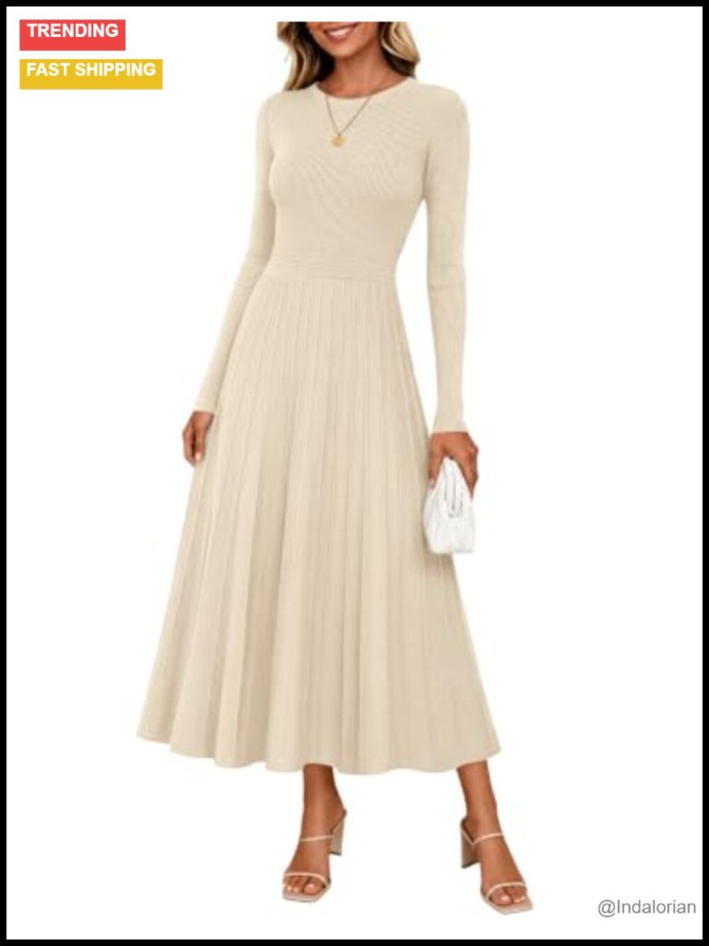 Pleated Ribbed Knit Midi Sweater Dress Crewneck Empire Waist A-Line